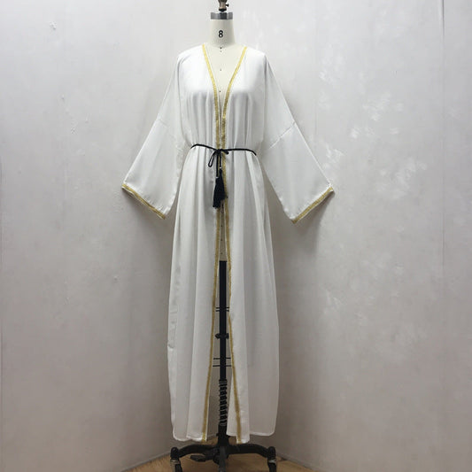 Muslim Long Skirt Female Color Ribbon Cardigan Robe Ooho