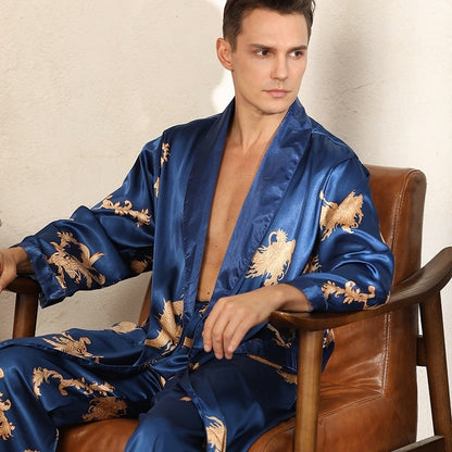 Luxury Silk Robe Pants Pajama Set Two-piece Imitate Silk Long-sleeved Pajamas Large Size Bathrobes Robe Sets For Men Clothing Ooho