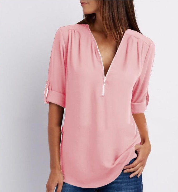 Zip V-neck Shirts Women Short Sleeve Loose Tops Ooho