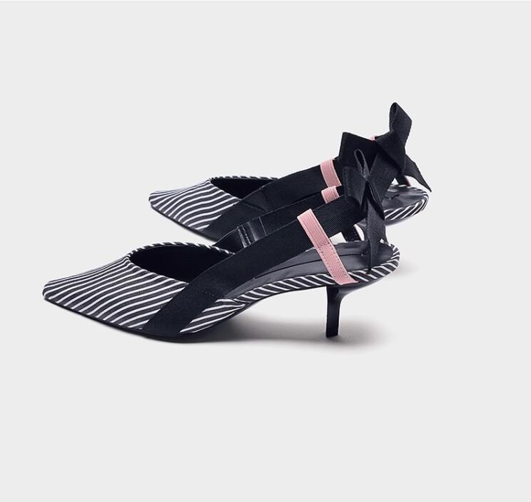 Boussac Stripe Kitten Heel Women Mules Pointed Toe Bowtie Women Sandals High Heels Summer Slip on Shoes Women SWC0112 Ooho