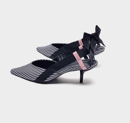 Boussac Stripe Kitten Heel Women Mules Pointed Toe Bowtie Women Sandals High Heels Summer Slip on Shoes Women SWC0112 Ooho