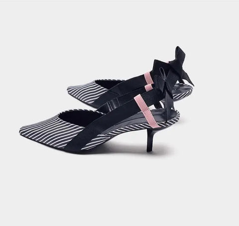 Boussac Stripe Kitten Heel Women Mules Pointed Toe Bowtie Women Sandals High Heels Summer Slip on Shoes Women SWC0112 Ooho