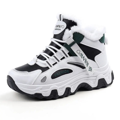 Fashion Black White Lace-up Sneakers Winter Warm All-match Plush Shoes Women Plus Velvet Fleece Flat High-top Sports Shoes Ooho