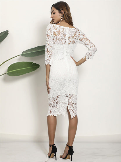 Summer New Long Sleeve Sexy Hollow Out Lace Midi Dress Ooho