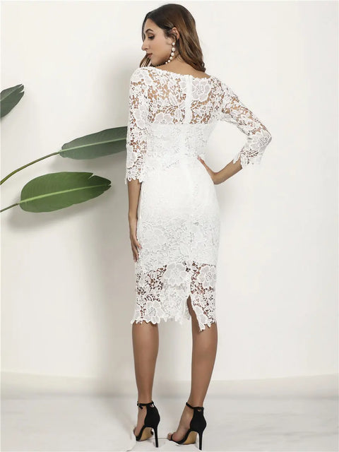 Summer New Long Sleeve Sexy Hollow Out Lace Midi Dress Ooho