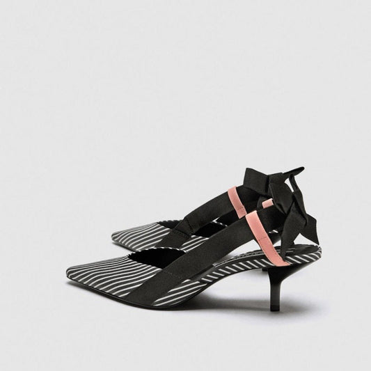 Boussac Stripe Kitten Heel Women Mules Pointed Toe Bowtie Women Sandals High Heels Summer Slip on Shoes Women SWC0112 Ooho