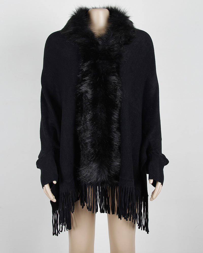 Women's Fringed Cloak Shawl with Fur Collar – Elegant Cape Cardigan for Winter Style Ooho