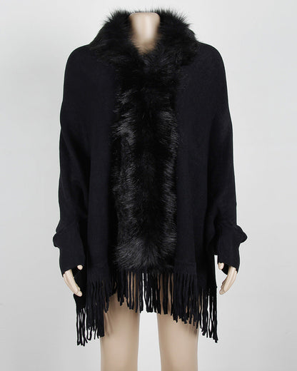 Women's Fringed Cloak Shawl with Fur Collar – Elegant Cape Cardigan for Winter Style Ooho