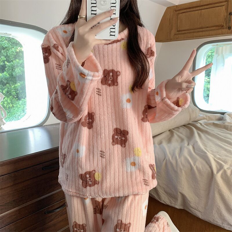 Women's Pajamas Autumn Winter Warm Pyjamas Sets Thick Coral Long Sleeve Cute Cartoon Bear Sleepwear Home Nightclothes Ooho