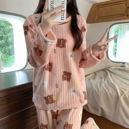 Women's Pajamas Autumn Winter Warm Pyjamas Sets Thick Coral Long Sleeve Cute Cartoon Bear Sleepwear Home Nightclothes Ooho