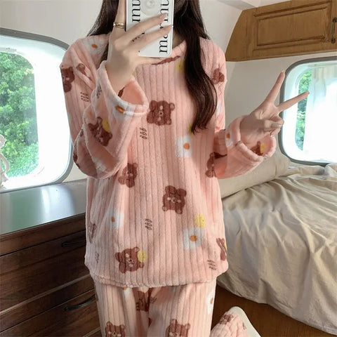 Women's Pajamas Autumn Winter Warm Pyjamas Sets Thick Coral Long Sleeve Cute Cartoon Bear Sleepwear Home Nightclothes Ooho