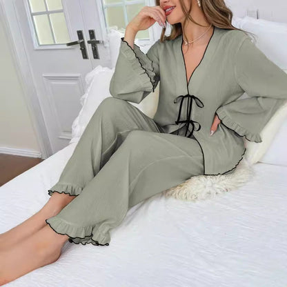 V-neck Lace-up Close-edge Cardigan Long-sleeved Pants Ooho