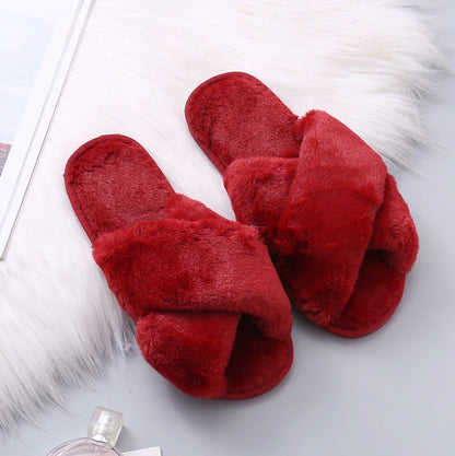Winter Women Home Slippers With Faux Fur Fashion Warm Shoes Woman Slip On Flats Female Slides Black Plus Size Ooho
