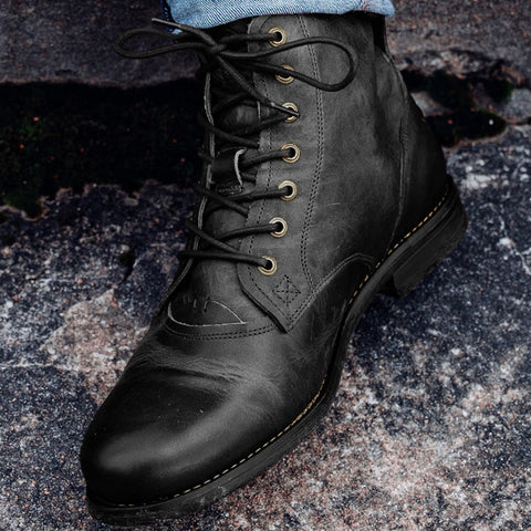 Men Cowboy Boots Retro Lace-up Martin Boot Round Toe Low Heel Shoes Ooho