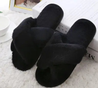 Winter Women Home Slippers With Faux Fur Fashion Warm Shoes Woman Slip On Flats Female Slides Black Plus Size Ooho