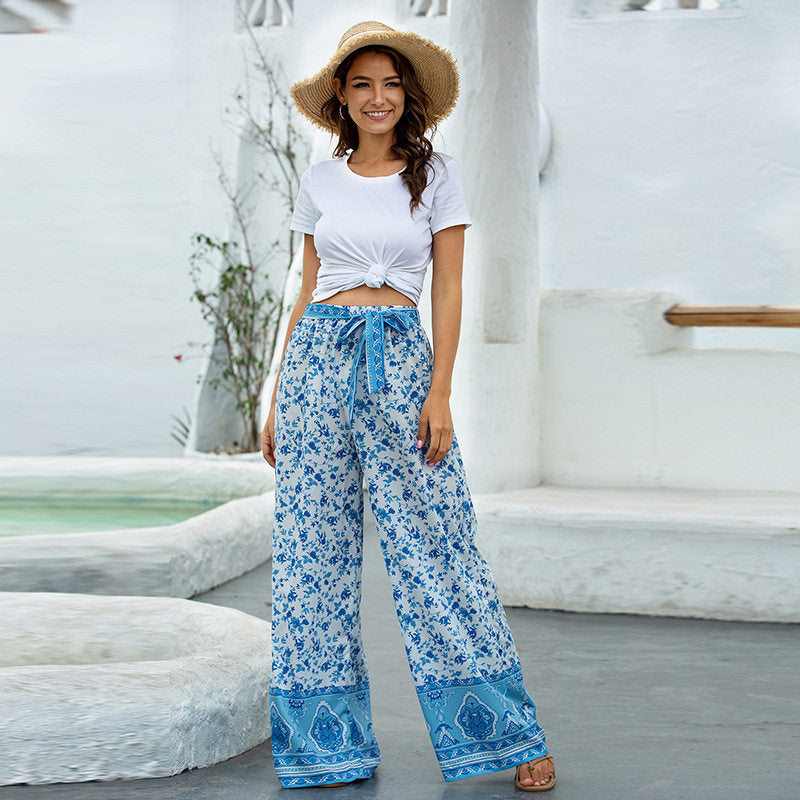 Women’s Floral Geometric Print Palazzo Pants | High-Waisted Elastic Trousers for Comfort & Style Ooho