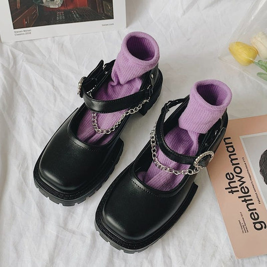 Rimocy Black Pu Leather Metal Chain Chunky Mary Janes Shoes Woman Autumn Square Heels Ankle Strap Platform Pumps Women Punk Ooho
