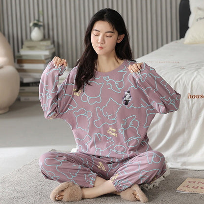 Loose Print Pajamas Women Autumn Winter Pyjama Set Long Sleeves And Trousers Elegant Sleepwear Girl Loungewear Home Clothes Ooho