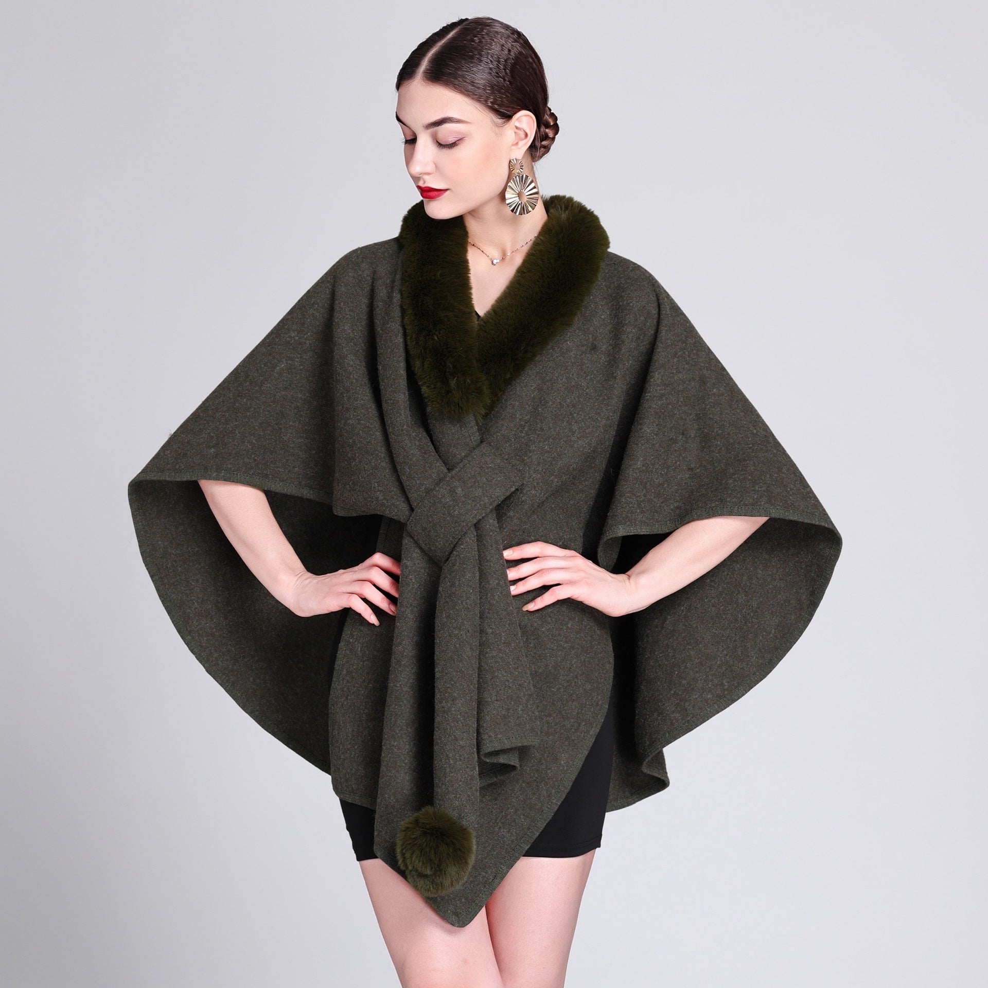 Imitation Rex Rabbit Fur Collar Cape and Shawl for Women – Loose Knitted Cardigan Ooho