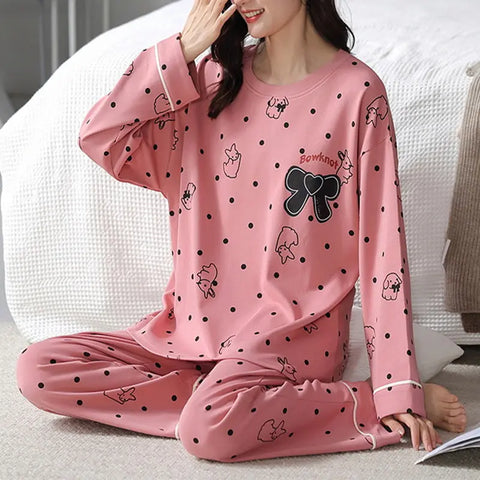 Loose Print Pajamas Women Autumn Winter Pyjama Set Long Sleeves And Trousers Elegant Sleepwear Girl Loungewear Home Clothes Ooho