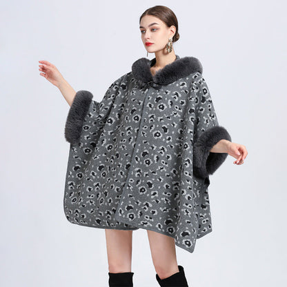 Women's Oversized Jacquard Shawl Cape – Knitted Woolen Cardigan Coat for Elegant Winter Style Ooho