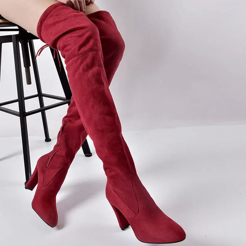 European And American Pointed Thick Heel Over The Knee Boots Stretch Boots Women Ooho