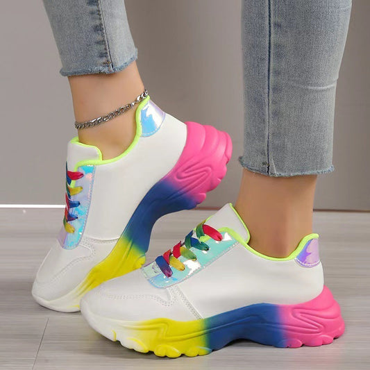 INS Style Rainbow Color Sports Shoes For Women Thick Bottom Lace-up Sneakers Fashion Casual Lightweight Running Walking Shoes Ooho