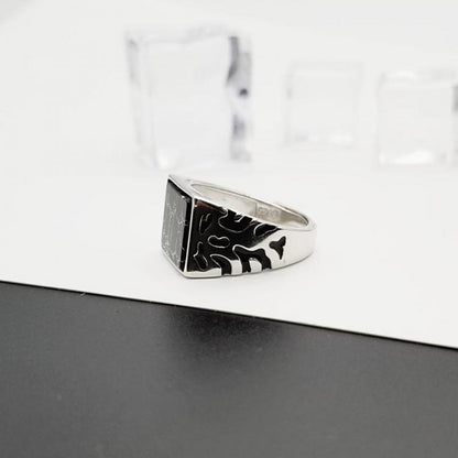 925 Sterling Silver Vintage Men's Rings Adjustable Square Black Stone Flower Pattern Design Male Turkey Jewelry Ooho