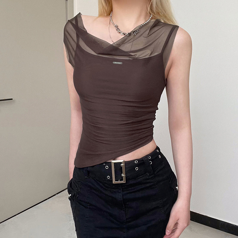 Mesh Spliced Irregular Strap Tank Top For Women Ooho