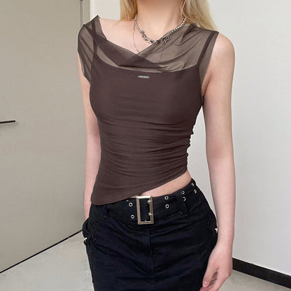 Mesh Spliced Irregular Strap Tank Top For Women Ooho