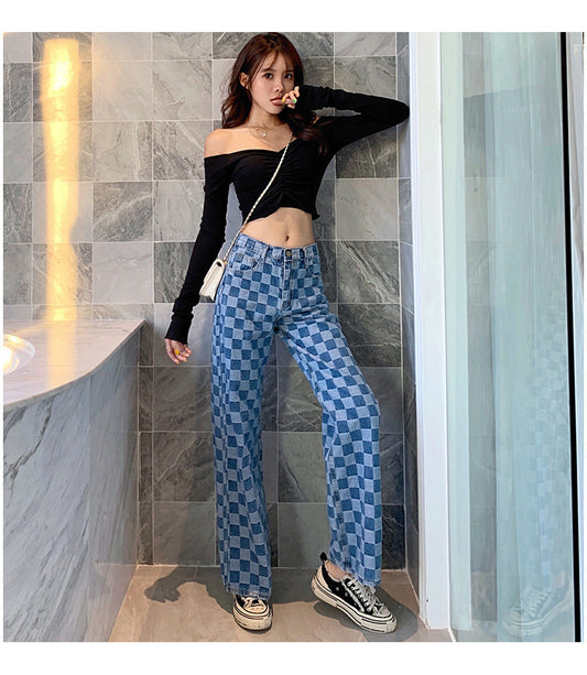 Women’s Plaid Pattern Jeans | Trendy Checkered Casual Denim Pants Ooho