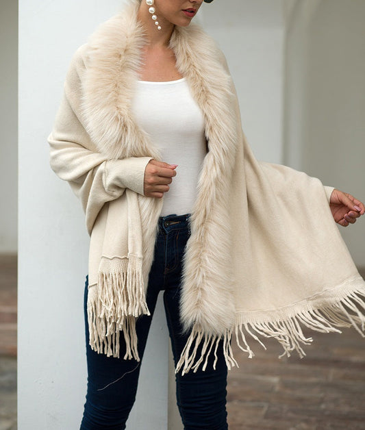 Women's Fringed Cloak Shawl with Fur Collar – Elegant Cape Cardigan for Winter Style Ooho