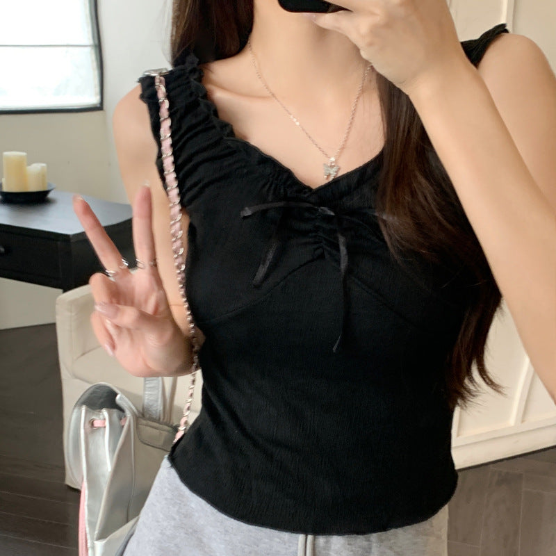 Camisole Wooden Ear Bow Flounce Trim Lace Up Vest For Women Ooho