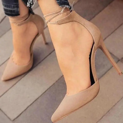 Pointed sexy hollow fashion rivet one-line high heel sandals plus size Ooho