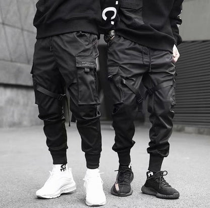 Ribbons Harem Joggers Men Cargo Pants Streetwear Hip Hop Casual Pockets Cotton Track Pants Ooho