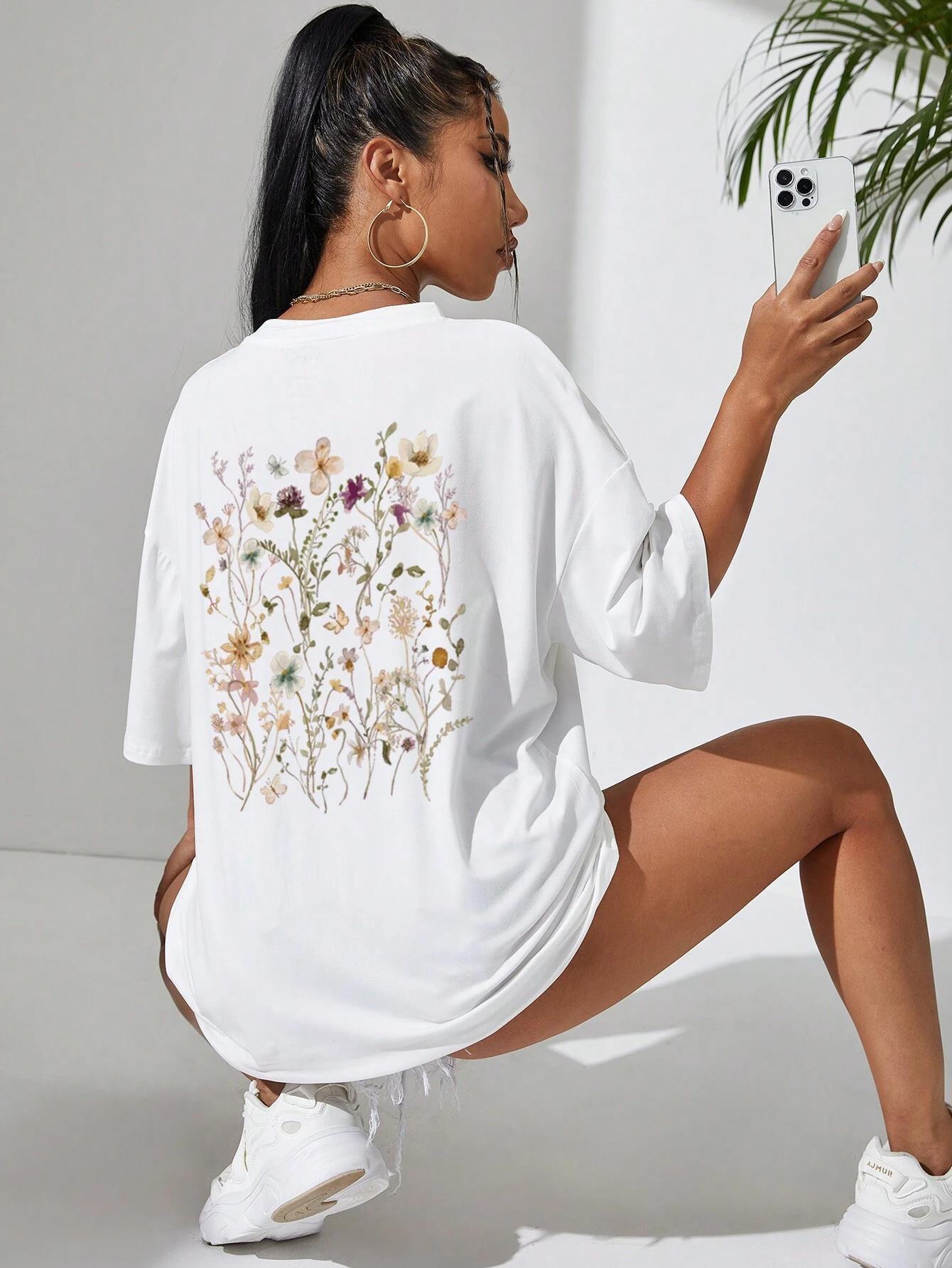 Beautiful Flower Clusters Print Cotton Women T-shirts Casual Ooho