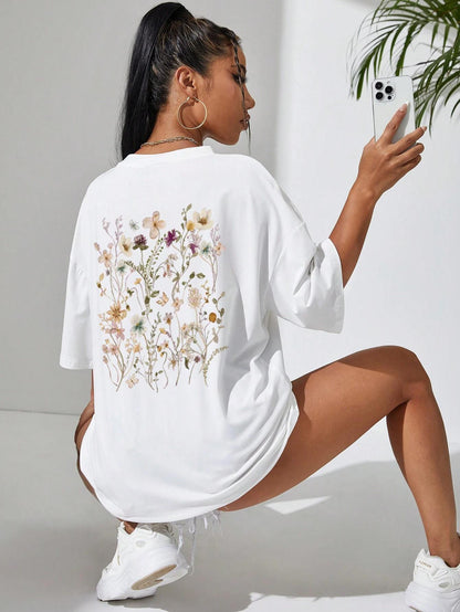 Beautiful Flower Clusters Print Cotton Women T-shirts Casual Ooho
