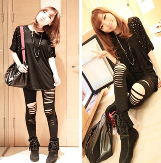 Women’s Asymmetrical Knee Ripped Cotton Leggings | Autumn Anti-Pilling Ankle-Length Pants Ooho