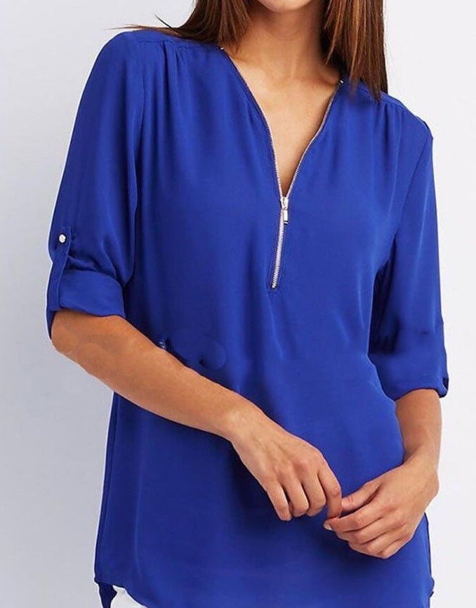 Zip V-neck Shirts Women Short Sleeve Loose Tops Ooho