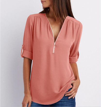 Zip V-neck Shirts Women Short Sleeve Loose Tops Ooho