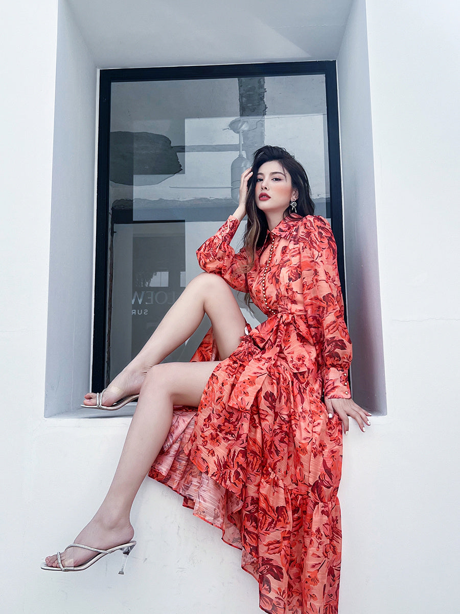 French Long Sleeve Shirt Dress for Women | Elegant Button-Up Midi Dress Ooho