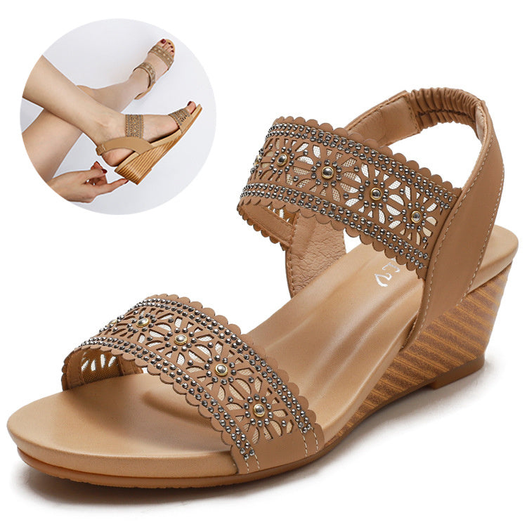Flower Hollow Out Sandals With Rhinestones Wedges Shoes Women Ooho