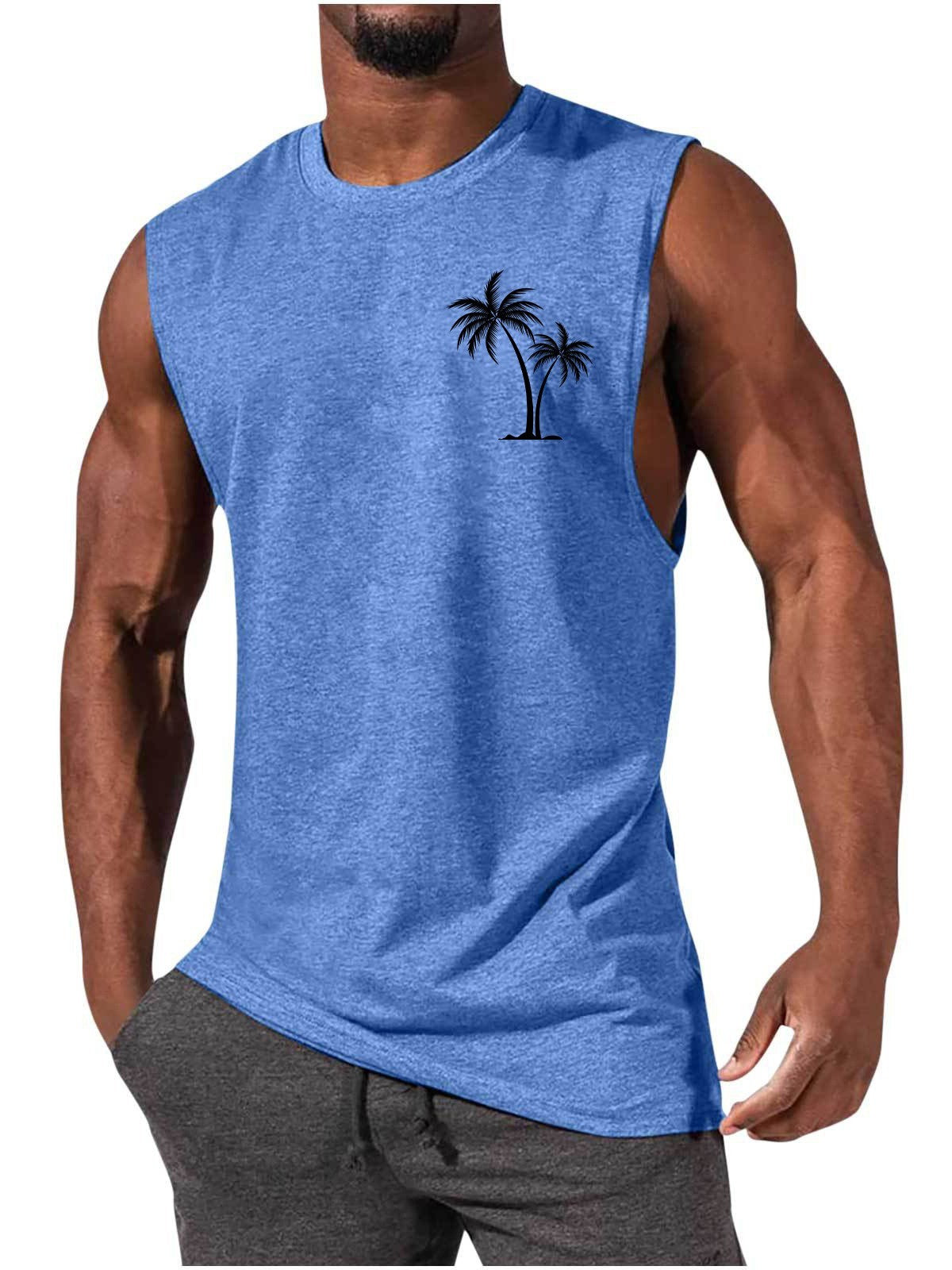 Coconut Tree Embroidery Vest Summer Beach Tank Tops Workout Muscle Men Sports Fitness T-shirt Ooho