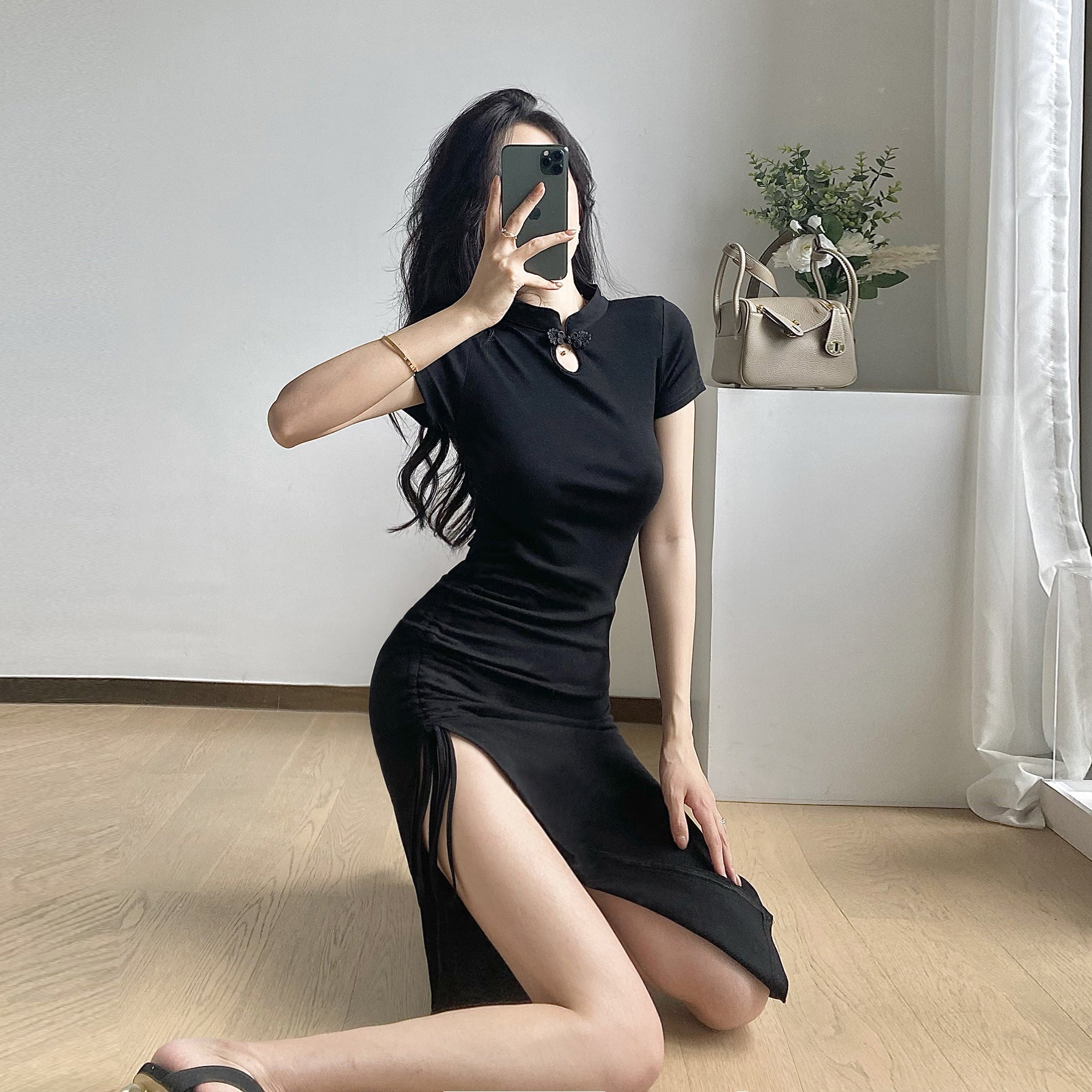Black Ruched Bodycon Midi Dress | Elegant Slim Fit Mid-Length Dress for Women Ooho