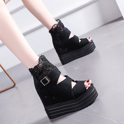 Suede Lace Fish Mouth Platform Wedge Romans Ooho