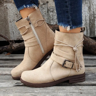 Round Toe Buckle Shoes Casual Retro Boots With Side Zipper Low Heel Outdoor Non Slip Ankle Boots For Women Ooho
