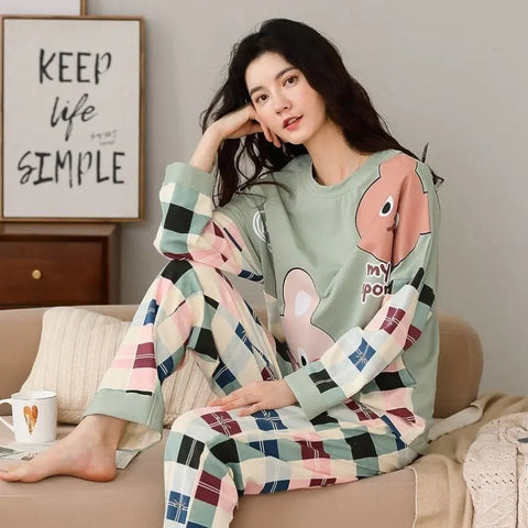 Pajamas Set Women Cute Cartoon Print Sleepwear 2 Piece Lounge Sets Ooho