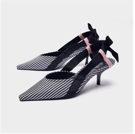 Boussac Stripe Kitten Heel Women Mules Pointed Toe Bowtie Women Sandals High Heels Summer Slip on Shoes Women SWC0112 Ooho