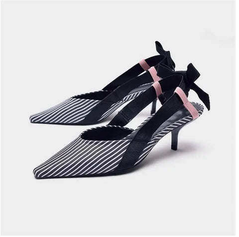 Boussac Stripe Kitten Heel Women Mules Pointed Toe Bowtie Women Sandals High Heels Summer Slip on Shoes Women SWC0112 Ooho