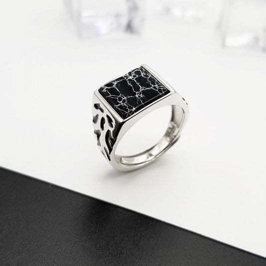 925 Sterling Silver Vintage Men's Rings Adjustable Square Black Stone Flower Pattern Design Male Turkey Jewelry Ooho